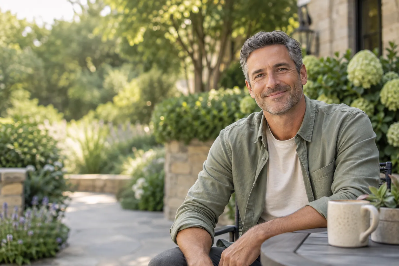 A man taking a relaxed break in a sunny garden