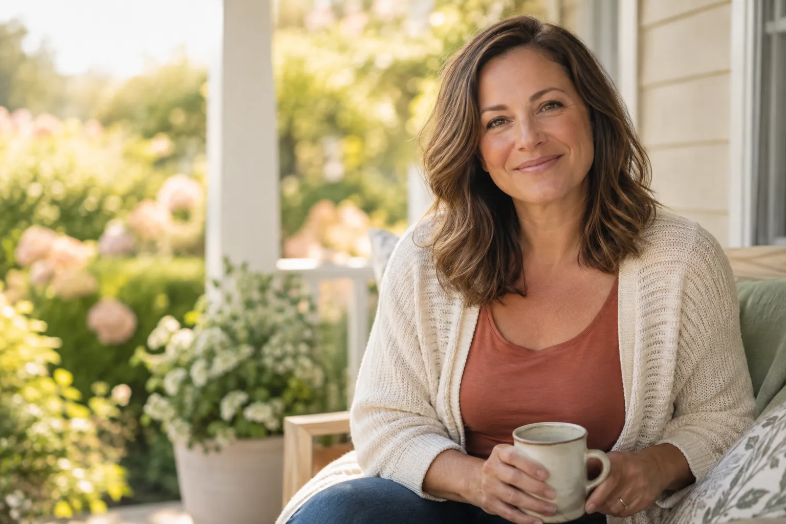 A woman enjoying a quiet moment on her porch